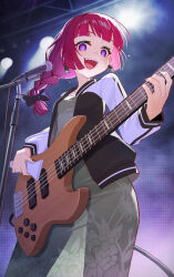 Rule 34 | 1girl, :d, @ @, absurdres, bachi, bass guitar, black bow, black nails, blunt bangs, bocchi the rock!, bow, braid, breasts, dress, floral print, green dress, hair bow, hand up, highres, hiroi kikuri, holding, holding instrument, instrument, jacket, liangcha jun, long hair, long sleeves, looking at viewer, microphone, microphone stand, multicolored clothes, multicolored jacket, music, nail polish, open clothes, open jacket, open mouth, playing instrument, plectrum, purple eyes, purple hair, see-through, sharp teeth, single braid, small breasts, smile, solo, stage lights, standing, teeth, two-tone jacket