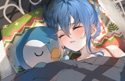 Rule 34 | 1girl, absurdres, blue hair, blush, closed eyes, commentary request, creatures (company), game freak, gen 4 pokemon, hair between eyes, heads together, highres, hololive, hoshimachi suisei, lying, nintendo, on back, parted lips, pillow, piplup, pokemon, pokemon (creature), sleeping, under covers, upper body, virtual youtuber, yoru uyo