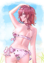 1girl arm_up ass back back_focus bare_arms bare_back bare_shoulders bikini blue_sky cloud commentary floral_print from_behind grass halterneck hand_in_own_hair higuchi_madoka idolmaster idolmaster_shiny_colors kevn looking_at_viewer looking_back medium_hair mole mole_under_eye outdoors red_eyes red_hair side-tie_bikini_bottom signature sky solo swimsuit wet wet_hair white_bikini