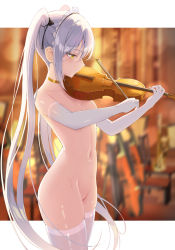 Rule 34 | 1girl, akie (44265104), blurry, blurry background, breasts, chair, convenient arm, cowboy shot, elbow gloves, from side, gloves, gold choker, highres, holding, holding instrument, holding violin, instrument, letterboxed, maid headdress, music, navel, nude, original, outside border, parted lips, playing instrument, skindentation, small breasts, solo, stomach, sweat, thighhighs, thighs, twintails, violin, white-haired girl (akie), white gloves, white hair, white thighhighs, yellow eyes