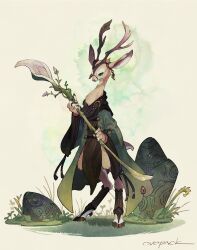 Rule 34 | 1other, androgynous, animal ears, antlers, artist name, black scarf, body fur, brown fur, cloven hooves, coat, commentary, deer ears, deer tail, digitigrade, expressionless, fewer digits, flower, from side, full body, furry, grass, green coat, green eyes, highres, holding, holding staff, hooves, horns, looking at viewer, murayama ryota, original, other focus, outdoors, pelvic curtain, rock, scarf, signature, simple background, solo, staff, standing, tail, wide sleeves, yellow background