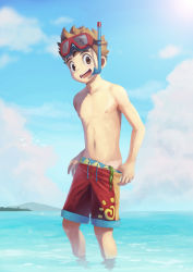 Rule 34 | 10s, 1boy, beitemian, brown hair, child, diving mask, diving mask on head, drawstring, goggles, goggles on head, highres, looking at viewer, male focus, male swimwear, male swimwear pull, monster hunter (series), monster hunter stories, nipples, outdoors, print male swimwear, print swimsuit, pulling own clothes, red male swimwear, red swim trunks, ryuuto (monster hunter stories), sky, smile, snorkel, solo, swim trunks, swim trunks pull, swimsuit, tan, tanline, topless male, undressing, wading, water