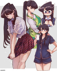 Rule 34 | 1girl, annotation request, aosora2823, apron, artist name, black hair, blush, braid, commentary request, cropped legs, cropped torso, cup, green apron, highres, holding, holding cup, itan private high school uniform, komi-san wa komyushou desu, komi shouko, long hair, looking at viewer, multiple views, no legwear, ponytail, red skirt, school uniform, shirt, simple background, skirt, sleepwear, straight hair, trembling, twin braids, two-tone background, very long hair, wet, wet clothes, white shirt, wringing clothes, wringing skirt