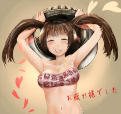 Rule 34 | 1girl, armpits, arms up, bandeau, breasts, brown hair, capcom, character request, cleavage, closed eyes, heart, large breasts, long hair, monster hunter (series), monster hunter frontier, navel, smile, solo, twintails, zi-dabu