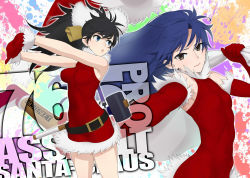 Rule 34 | 2girls, axe, text background, bell, belt, black belt, black eyes, black hair, blue eyes, blue hair, carrying, christmas, closed mouth, commentary, cowbell, dress, english text, foreshortening, fur-trimmed dress, fur-trimmed gloves, fur trim, ganaha hibiki, gloves, hair bell, hair ornament, halterneck, hammer, hat, unworn hat, unworn headwear, highres, holding, holding axe, holding sack, idolmaster, idolmaster (classic), interlocked fingers, kisaragi chihaya, light frown, long hair, looking at viewer, looking to the side, multicolored background, multiple girls, outstretched arms, over shoulder, own hands together, paint splatter, ponytail, red dress, red gloves, red headwear, sack, santa dress, santa gloves, santa hat, short dress, sledgehammer, standing, wata do chinkuru, wind