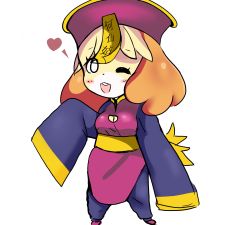 Rule 34 | 1girl, :3, absurdres, alternate costume, animal crossing, animal ears, blonde hair, blush, blush stickers, breasts, buck teeth, cleavage, cleavage cutout, clothing cutout, cosplay, dog ears, dog girl, female focus, full body, furry, furry female, happy, hat, heart, highres, isabelle (animal crossing), japanese text, jiangshi, jpeg artifacts, lei lei, lei lei (cosplay), long sleeves, looking at viewer, medium breasts, nintendo, ofuda, one eye closed, open mouth, pants, paper, purple hat, purple pants, sash, short hair, simple background, sketch, sleeves past fingers, sleeves past wrists, smile, solo, standing, tanuk kun, teeth, translation request, vampire (game), white background, white eyes, wide sleeves, wink