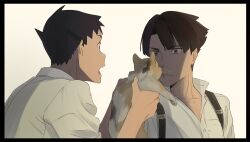 Rule 34 | 2boys, ace attorney, animal, black border, black hair, border, calico, cat, closed mouth, collared shirt, holding, holding animal, holding cat, kazuma asogi, looking at another, male focus, multiple boys, officinale t, partially unbuttoned, ryunosuke naruhodo, shirt, short hair, simple background, suspenders, the great ace attorney, upper body, wagahai (ace attorney), white background, white shirt