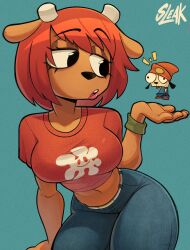 1boy 1girl animal_ears animal_nose beanie breasts colored_skin crop_top cropped_shirt crossover denim dog_boy dog_ears furry furry_female genre_connection half-closed_eyes hat highres horns jeans lammy_(um_jammer_lammy) large_breasts legs midriff navel open_mouth orange_hat orange_skin pants parappa parappa_the_rapper red_hair sheep_ears sheep_girl shirt short_hair sitting sleak thick_thighs thighs woollen_cap