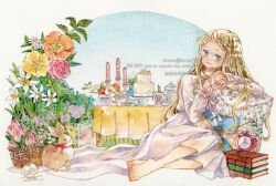 Rule 34 | 1girl, alarm clock, artist name, barefoot, basket, blonde hair, blue eyes, book, book stack, bottle, braid, braided bangs, cake, candle, candlestand, clock, closed mouth, cup, dress, egg, flower, food, full body, hntaa, long hair, long sleeves, looking at viewer, nightgown, orange flower, original, own hands together, painting (medium), pillow, pink flower, pink rose, plant, purple flower, rabbit, red flower, ribbon, rose, signature, sitting, smile, solo, table, tablecloth, toes, traditional media, twitter username, vase, watercolor (medium), watermark, white background, white dress, white flower, yellow flower