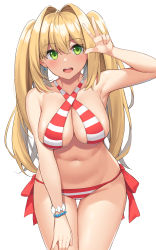 Rule 34 | 1girl, absurdres, ahoge, bare shoulders, bead bracelet, beads, bikini, blonde hair, blush, bracelet, breasts, cleavage, collarbone, commentary request, criss-cross halter, earrings, fate/grand order, fate (series), green eyes, hair between eyes, hair intakes, halterneck, hand up, highres, jewelry, large breasts, long hair, looking at viewer, navel, nero claudius (fate), nero claudius (fate) (all), nero claudius (swimsuit caster) (fate), open mouth, red bikini, side-tie bikini bottom, simple background, smile, striped bikini, striped clothes, suiroh (shideoukami), swimsuit, thighs, twintails, w, white background
