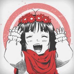 Rule 34 | ahoge, ahoge wag, alita, alita: battle angel, animated, animated gif, baggy clothes, black hair, child, cyborg, expressive hair, closed eyes, flower, greyscale, hand up, kishiro yukito, lowres, monochrome, ninvna, open mouth, red circle, red flower, red scarf, scarf, simple background, smile, teeth, upper body, wind