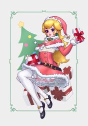 Rule 34 | 1girl, adapted costume, alternate costume, bell, belt, black footwear, blonde hair, blue eyes, bodice, christmas, christmas present, christmas tree, commentary, english commentary, fonteart, gem, gift, gloves, hat, highres, jewelry, lipstick, looking at viewer, makeup, mario (series), mary janes, neck bell, nintendo, parted lips, pink hat, pink lips, princess peach, riz, santa costume, santa hat, shoes, signature, solo, thighhighs, white thighhighs