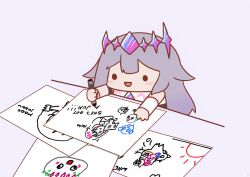 Rule 34 | 1girl, :d, absurdres, blush stickers, bracelet, chibi, child&#039;s drawing, drawing, english text, gem, gradient hair, grey background, highres, hololive, hololive english, jewelry, koseki bijou, koseki bijou (1st costume), long hair, multicolored hair, open mouth, paper, pebble (koseki bijou), phdpigeon, purple hair, simple background, single arm guard, smile, solid oval eyes, solo, tiara, upper body, virtual youtuber