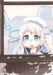 Rule 34 | 1girl, ane hoshimaru, black sailor collar, blonde hair, blue eyes, commentary request, condensation, glass writing, gloves, hat, highres, jervis (kancolle), kantai collection, one-hour drawing challenge, sailor collar, sailor hat, solo, twitter username, upper body, white gloves, white hat, window, window fog
