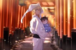 Rule 34 | 2boys, amuro tooru, barefoot, biting, biting clothes, black sash, blonde hair, blue eyes, blue kimono, blurry, brown hair, carrying, child, child carry, closed eyes, commentary request, depth of field, edogawa conan, feet, fushimi inari taisha, hair between eyes, height difference, japanese clothes, k (gear labo), kimono, lamp, long sleeves, looking at viewer, looking back, male focus, meitantei conan, mouth hold, multiple boys, multiple torii, no eyewear, obi, real world location, sash, short hair, standing, toenails, toes, torii, white headwear, white kimono