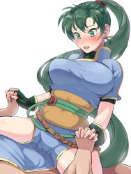 Rule 34 | 1girl, blue dress, blush, boris (noborhys), breasts, clothed sex, cowgirl position, dress, faceless, faceless male, fingerless gloves, fire emblem, gloves, green eyes, green hair, holding hands, heart, highres, implied sex, large breasts, long hair, looking down, lyn (fire emblem), motion lines, nintendo, open mouth, pelvic curtain, ponytail, short sleeves, side slit, simple background, spread legs, straddling, sweatdrop, white background