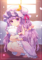 Rule 34 | 1girl, :t, barefoot, bed, bed sheet, blunt bangs, blush, commentary request, crescent, crescent hat ornament, double bun, eyelashes, hair bun, hat, hat ornament, hat ribbon, holding, holding pillow, hugging object, knees, lingerie, long hair, long sleeves, looking at viewer, mimi (mimi puru), mob cap, negligee, patchouli knowledge, pillow, pillow hug, pink hat, pout, purple eyes, purple hair, red ribbon, ribbon, sidelocks, solo, squatting, star (symbol), striped, touhou, underwear, window