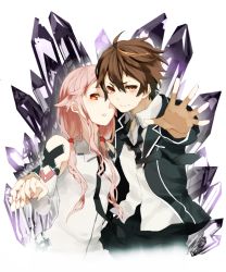 Rule 34 | 10s, 1boy, 1girl, alternate costume, bare shoulders, brown eyes, brown hair, crystal, detached sleeves, guilty crown, hair ornament, hairclip, highres, jacket, kouichirou, long hair, looking at viewer, low twintails, necktie, orange eyes, ouma shuu, outstretched arm, outstretched hand, parted lips, pink hair, school uniform, short hair, twintails, yuzuriha inori
