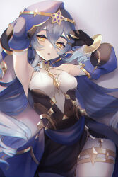 Rule 34 | 1girl, armpits, arms up, black gloves, black skirt, blue hair, breasts, detached sleeves, genshin impact, gloves, highres, hood, jewelry, layla (genshin impact), long sleeves, neck ring, parted lips, pointy ears, skirt, small breasts, solo, thighlet, ura (hamburg oniku), yellow eyes
