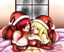 Rule 34 | 1boy, 2girls, areola slip, artist name, ass, bare shoulders, bed, bell, belt, blonde hair, blush, grabbing another&#039;s breast, breast pillow, breast rest, breasts, brown eyes, christmas, collar, cooperative fellatio, cooperative paizuri, elbow gloves, erza scarlet, fairy tail, fellatio, gloves, grabbing, group sex, hair between eyes, hair over one eye, hat, highres, indoors, large breasts, licking, licking penis, long hair, lucy heartfilia, lying, multiple girls, natsu dragneel, navel, on bed, open mouth, oral, orgy, paizuri, penis, red hair, saliva, santa hat, scar, shiny clothes, shiny skin, sidelocks, snow, snowing, tensa-zangitsu, uncensored, veins, veiny penis, window