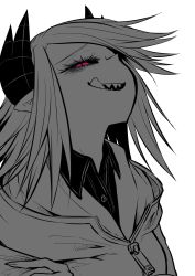 Rule 34 | 1girl, :d, :q, commentary request, dated, dolores (mazohaha), greyscale, highres, horns, looking at viewer, monochrome, musuko ga kawaikute shikatanai mazoku no hahaoya, open mouth, red eyes, sharp teeth, short hair, signature, simple background, slit pupils, smile, solo, spot color, teeth, tongue, tongue out, upper body, white background, zyugoya