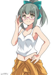Rule 34 | 1girl, bespectacled, bow, brown eyes, glasses, green bow, grey hair, hair bow, hand on own hip, hinase (jet hearts), jumpsuit, kantai collection, looking at viewer, navel, orange jumpsuit, ponytail, sidelocks, simple background, smile, solo, twitter username, undersuit, white background, yuubari (kancolle)