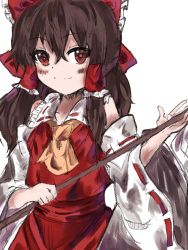Rule 34 | 1girl, ascot, bare shoulders, blush, bow, brown hair, closed mouth, collar, detached sleeves, frilled bow, frilled hair tubes, frills, hair bow, hair tubes, hakurei reimu, highres, japanese clothes, long hair, looking at viewer, miko, nontraditional miko, one-hour drawing challenge, red bow, red eyes, red shirt, red skirt, ribbon-trimmed sleeves, ribbon trim, shirt, sidelocks, simple background, skirt, skirt set, sleeveless, smile, solo, sutaku77224, touhou, upper body, white background, white collar, yellow ascot
