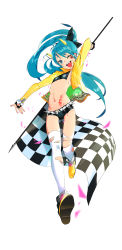 Rule 34 | 1girl, absurdres, bad id, bad pixiv id, belt, black shorts, blue eyes, blue hair, boots, breasts, checkered flag, facial tattoo, fingerless gloves, flag, full body, gloves, halterneck, highres, ian3314, jacket, long hair, matching hair/eyes, midriff, navel, one eye closed, open clothes, open jacket, open mouth, original, shoes, short shorts, shorts, skindentation, small breasts, smile, solo, spiked belt, spikes, star tattoo, tattoo, thigh gap, thighhighs, torn clothes, torn thighhighs, twintails, white thighhighs