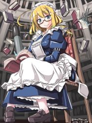 Rule 34 | 10s, 1girl, adapted costume, alternate costume, anti-aircraft, anti-aircraft gun, apron, blonde hair, blue dress, blue eyes, book, chair, dress, enmaided, glasses, hat, i-8 (kancolle), invocation, kantai collection, library, low twintails, maid, maid apron, mary janes, mob cap, red-framed eyewear, shoes, sitting, solo, tatsumi ray, thighhighs, torpedo, twintails, white thighhighs