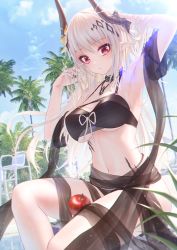 Rule 34 | 1girl, apple, arknights, arm behind head, arm up, bae.c, bare shoulders, bikini, black bikini, blue sky, breasts, cleavage, cloud, commentary request, day, flower, food, fruit, hair flower, hair ornament, hand in own hair, highres, horns, infection monitor (arknights), jewelry, large breasts, long hair, looking at viewer, material growth, medium breasts, mudrock (arknights), mudrock (silent night) (arknights), navel, official alternate costume, oripathy lesion (arknights), outdoors, palm tree, pointy ears, red eyes, see-through, silver hair, sitting, sky, slit pupils, solo, stomach, swimsuit, tree, yellow flower