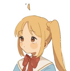 Rule 34 | 1girl, ahoge, blonde hair, blue jacket, bocchi the rock!, bow, brown eyes, closed mouth, detached ahoge, highres, ijichi nijika, jacket, long hair, portrait, red bow, sailor collar, school uniform, side ponytail, sidelocks, simple background, solo, wadachi, white background