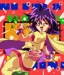 Rule 34 | 1990s (style), 1girl, amelia wil tesla seyruun, blue eyes, breasts, cape, clenched hand, commentary, from side, highres, one eye closed, open hand, pants, potiri02, purple hair, retro artstyle, shirt, slayers, small breasts, smile, solo, yellow cape, yellow pants, yellow shirt