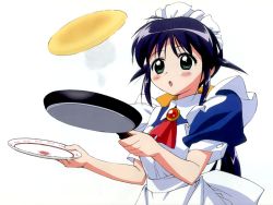 Rule 34 | 1girl, andou mahoro, apron, ascot, cooking, food, frying pan, green eyes, mahoromatic, maid, maid apron, omelet, plate, red ascot, simple background, solo, takamura kazuhiro, two side up, wallpaper, white background