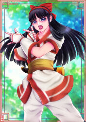 Rule 34 | 1girl, ainu clothes, black hair, fingerless gloves, gloves, hair ribbon, highres, legs, looking at viewer, nakoruru, open mouth, pants, pink lips, purple eyes, ribbon, samurai spirits, snk, solo, the king of fighters, thighs, weapon