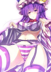 Rule 34 | 1girl, blush, breasts, cameltoe, capelet, clothes lift, crescent, crescent hair ornament, dress, dress lift, ebi 193, garter belt, hair ornament, hat, large breasts, long hair, md5 mismatch, midriff, mob cap, navel, no bra, open mouth, panties, patchouli knowledge, purple eyes, purple hair, solo, striped clothes, striped dress, striped panties, striped thighhighs, thighhighs, touhou, underboob, underwear