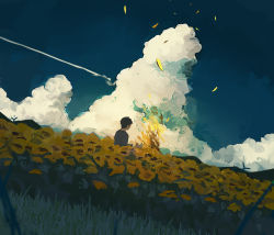 Rule 34 | 1boy, absurdres, black hair, blue sky, burning, cloud, commentary, day, dutch angle, facing away, field, fire, flower, flower field, from behind, grass, grey shirt, hand up, highres, ivelovedsekaowa, male focus, original, outdoors, scenery, shirt, short hair, sky, solo, summer, upper body, wide shot, yellow flower