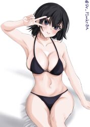 Rule 34 | 1girl, akitsu maru (kancolle), bed, black hair, breasts, cleavage, cowboy shot, dr.plankton, grey eyes, kantai collection, large breasts, one-hour drawing challenge, short hair, simple background, sitting, solo, twitter username, v over eye, white background