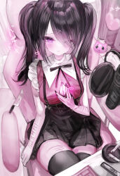 Rule 34 | 1girl, absurdres, ame-chan (needy girl overdose), black hair, black nails, black ribbon, black skirt, black thighhighs, blush, breasts, cat, chair, cleavage, closed mouth, collared shirt, commentary request, cuts, emoji, from above, gaming chair, hair ornament, hair over one eye, heart, highres, indoors, injury, knife, long hair, looking at viewer, medium breasts, nail polish, neck ribbon, needy girl overdose, on chair, partially unbuttoned, pien cat (needy girl overdose), pink background, pink eyes, pleading face emoji, red shirt, ribbon, scar, scar on arm, scar on leg, self-harm, self-harm scar, shirt, sitting, skirt, smile, solo, suspender skirt, suspenders, swivel chair, thighhighs, translation request, twintails, wrist cutting, x hair ornament, yunara