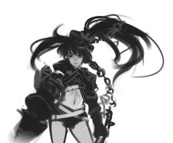 Rule 34 | 10s, 1girl, black rock shooter, chain, chibibro, greyscale, highres, huge weapon, insane black rock shooter, long hair, monochrome, navel, shorts, solo, twintails, weapon