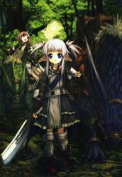 Rule 34 | 2girls, absurdres, ariko youichi, armor, blue eyes, elf, fantasy, forest, highres, hitomaru, monster, multiple girls, nature, pointy ears, red eyes, red hair, riding, short hair, silver hair, sword, weapon