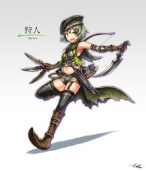 Rule 34 | 1girl, arrow (projectile), bare shoulders, black thighhighs, boots, bow, brown footwear, brown gloves, cape, dagger, fantasy, garter straps, gia, gloves, gradient background, green cape, green eyes, green hair, green jacket, grey background, hat, highres, jacket, jumping, knife, leather, leather gloves, looking at viewer, midriff, multiple wielding, navel, original, quiver, scabbard, shadow, sheath, short sword, shorts, simple background, solo, suspenders, sword, thighhighs, weapon, weapon on back