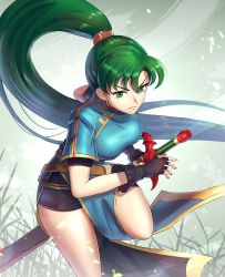 Rule 34 | 1girl, breasts, dress, fingerless gloves, fire emblem, fire emblem: the blazing blade, fire emblem warriors, gloves, gonzarez, green eyes, green hair, high ponytail, jewelry, long hair, looking at viewer, lyn (fire emblem), nintendo, ponytail, solo, sword, very long hair, weapon