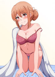 Rule 34 | 1girl, all fours, blanket, blush, bow, bow bra, bra, breasts, cleavage, closed mouth, collarbone, hair bun, highres, konoyan, lace, lace-trimmed bra, lace panties, lace trim, looking at viewer, mature female, medium breasts, navel, orange hair, panties, pink bra, pink panties, red eyes, short hair with long locks, simple background, single bare shoulder, single hair bun, smile, solo, strap slip, string panties, thigh gap, thighs, under covers, underwear, underwear only, white background, yahari ore no seishun lovecome wa machigatteiru., yuigahama yui&#039;s mother