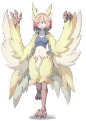 Rule 34 | 1girl, 4138, animal ears, bad id, bad pixiv id, blue eyes, blush, breasts, claws, feather hair, feathered wings, feathers, harpy, head wings, highres, midriff, monster girl, original, pink hair, simple background, small breasts, smile, solo, standing, talons, tank top, winged arms, wings, yellow feathers