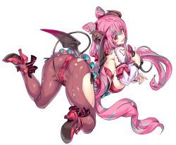 Rule 34 | 1girl, ass, backless leotard, black horns, black tail, black wings, blue hair, breasts, brown pantyhose, clothing cutout, commentary request, demon girl, demon horns, demon tail, demon wings, double bun, fang, floating, hair bun, high heels, highres, holding tail, horns, indie virtual youtuber, kiyama satoshi, large breasts, leotard, long hair, long sleeves, looking at viewer, looking back, multicolored hair, nakajima pepero, open mouth, pantyhose, partial commentary, pink hair, red eyes, red footwear, red leotard, ribbed leotard, shirt, sideboob, simple background, smile, solo, streaked hair, tail, very long hair, virtual youtuber, white background, white shirt, wings