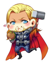 Rule 34 | 1boy, armor, avengers (series), beard, burger, cape, chibi, eating, facial hair, food, hammer, male focus, marvel, marvel cinematic universe, red cape, scale armor, solo, thor (marvel), white background, xkbyzqz