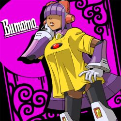 Rule 34 | 1girl, android, capcom, dark skin, dark-skinned female, female focus, fringe trim, hand on own hip, hand on own cheek, hand on own face, headgear, layer (mega man), lips, long hair, mole, napo, purple hair, mega man (series), mega man x (series), mega man x8, shirt, sidelocks, solo, t-shirt, yellow shirt