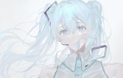 Rule 34 | 1girl, bad id, bad twitter id, blue eyes, blue hair, blue necktie, floating hair, hatsune miku, headset, highres, looking at viewer, necktie, plqy er, portrait, solo, twintails, vocaloid