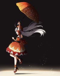 Rule 34 | 1girl, :d, ahoge, arm up, bare shoulders, black background, black footwear, blush, bracelet, dress, floating, floating hair, fly agaric, frilled dress, frills, from side, full body, glint, glowing, grey eyes, high heels, highres, holding, holding umbrella, hoshi syoko, idolmaster, idolmaster cinderella girls, jewelry, layered dress, long hair, mushroom, open mouth, profile, red dress, red headwear, shadow, short sleeves, signature, silver hair, smile, socks, solo, striped clothes, striped headwear, twintails, umbrella, very long hair, vivid (key), white socks