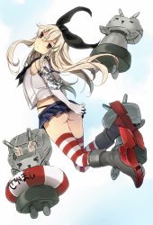 Rule 34 | 10s, 1girl, anchor, anchor hair ornament, ass, bad id, bad pixiv id, black eyes, black panties, blonde hair, blush, elbow gloves, from behind, gloves, hair ornament, hairband, highres, hukii hiyoru, kantai collection, lifebuoy, long hair, looking at viewer, looking back, panties, pantyshot, personification, rensouhou-chan, shimakaze (kancolle), skirt, solo, striped clothes, striped thighhighs, swim ring, thighhighs, turret, underwear, upskirt, white gloves